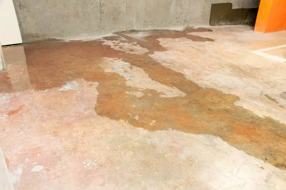 A concrete floor with extensive water damage shows dark, irregular patches where water has seeped. The surrounding area appears dry, highlighting the contrast between the affected and unaffected sections of the floor—perfect for addressing with professional foundation repair Boston experts.