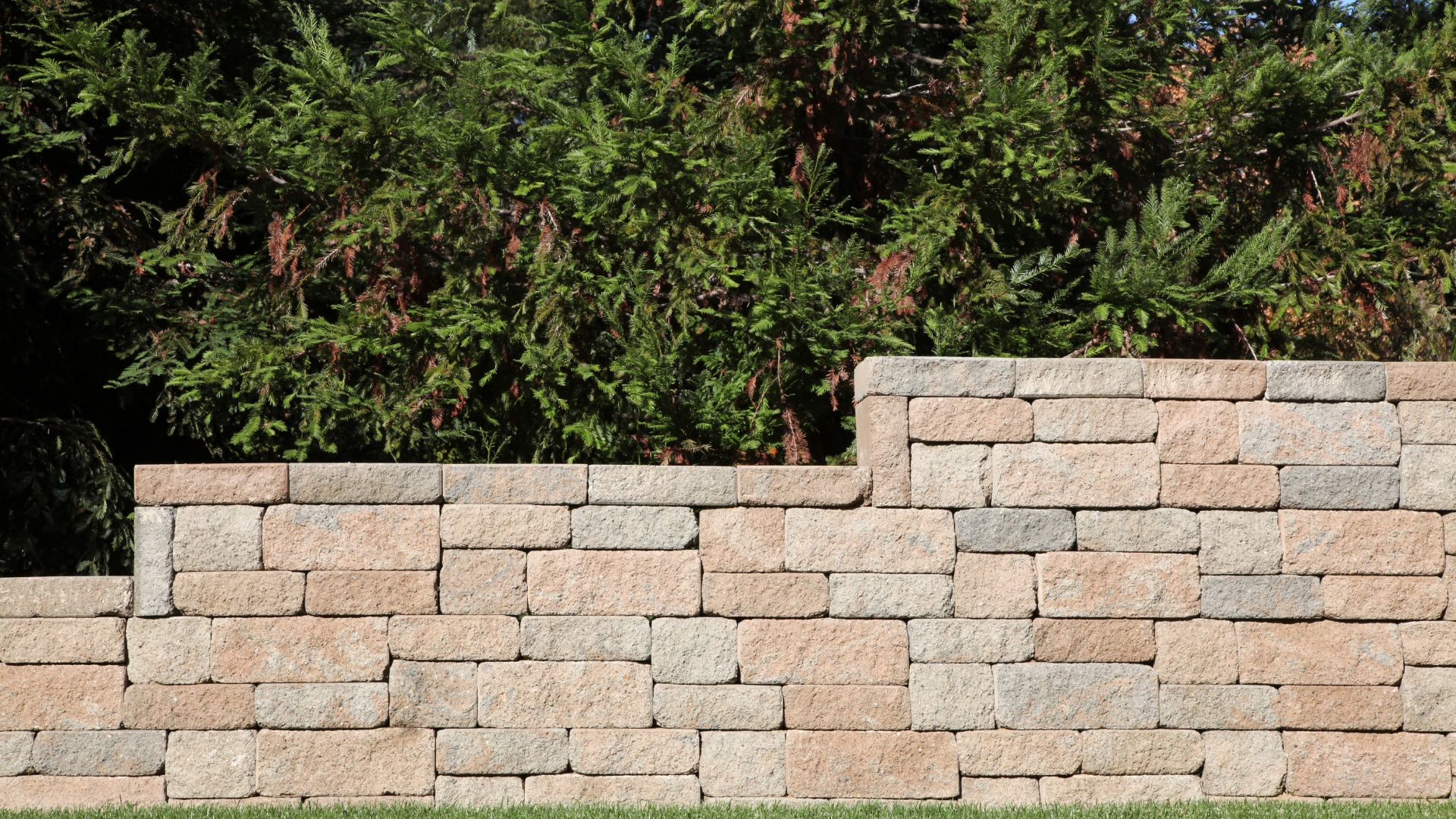 A stone retaining wall made of rectangular blocks stands in front of lush green foliage on a sunny day.