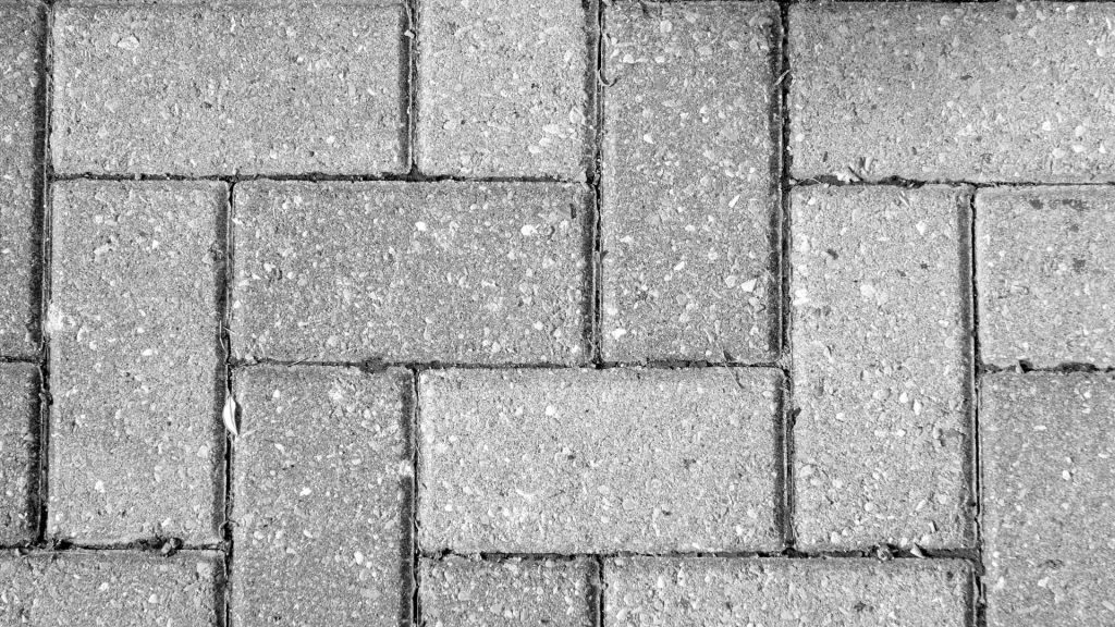 Black and white image of an interlocking brick pavement. Rectangular bricks are arranged in a herringbone pattern, showing slight weathering and surface texture.