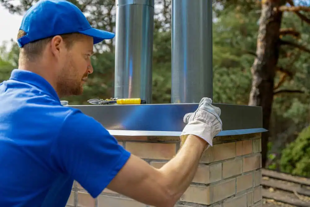 A worker in a blue uniform and cap, wearing gloves, installs a metal component on top of a brick chimney outdoors. Tools are visible on the chimney. Trees are in the background.