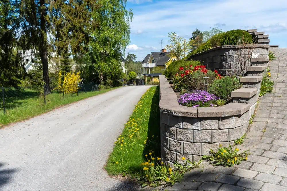 A winding paved driveway leads up to a house, lined with green grass and dandelions. A raised stone garden bed with purple and red flowers sits on the right, surrounded by trees and a blue sky.