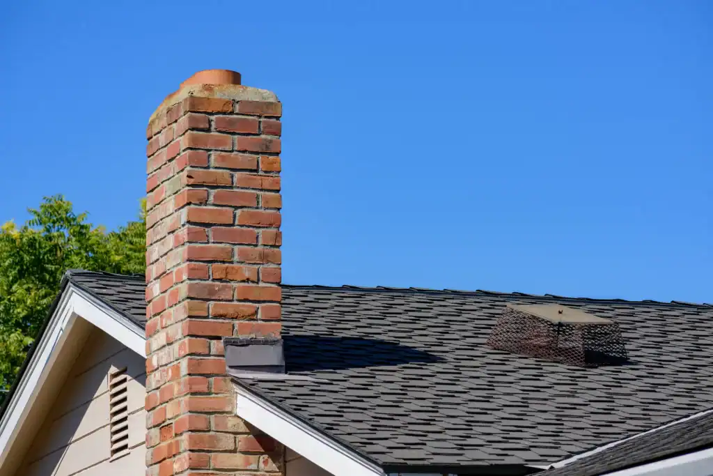 Red brick chimney rising above a residential rooftop against a clear blue sky, showcasing sturdy masonry work by Academy Masonry.