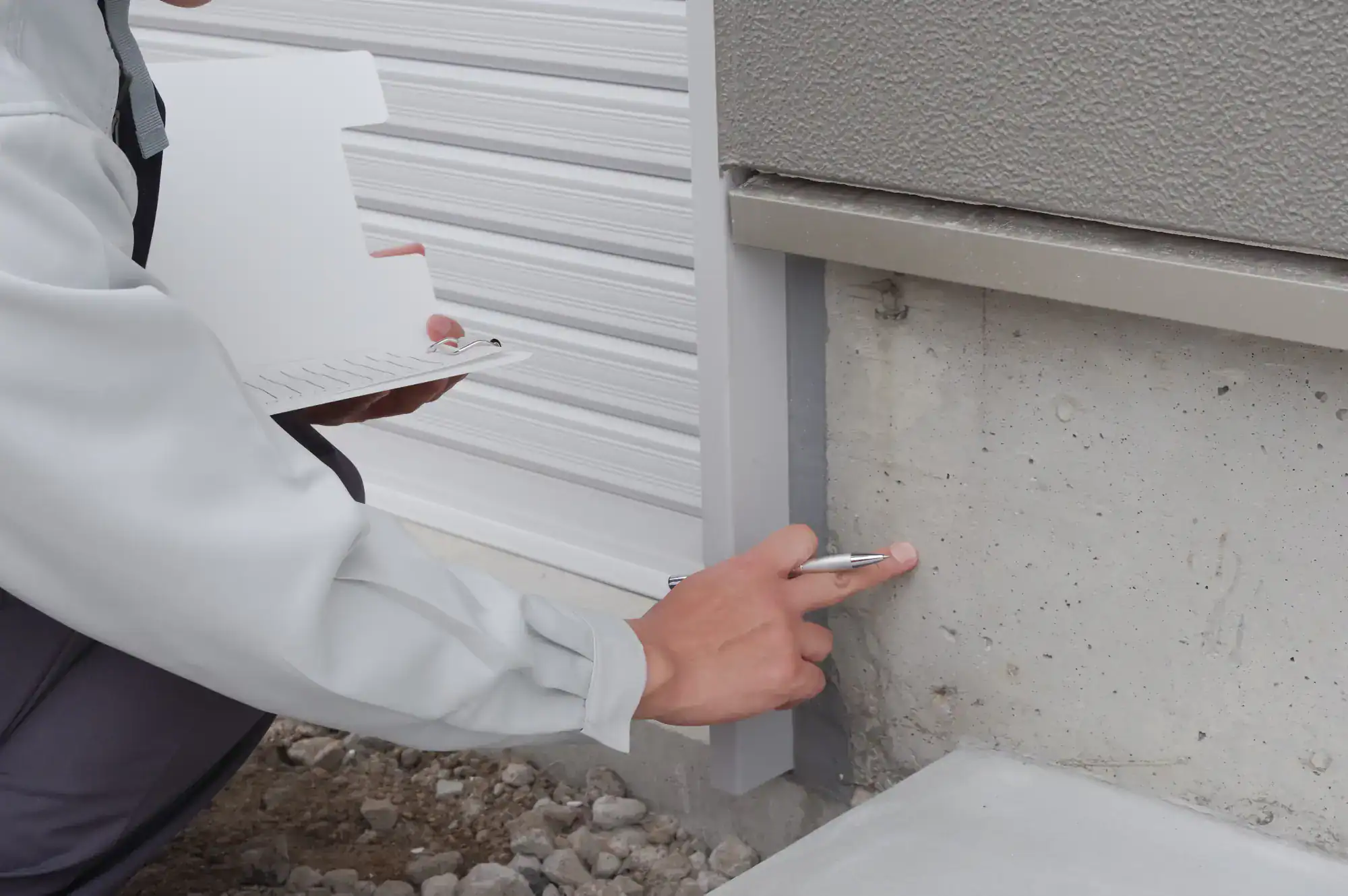 Close-up view of a professional construction inspection on a masonry project in Suffolk County, Massachusetts, showing an inspector examining brickwork and structural details for Academy Masonry.