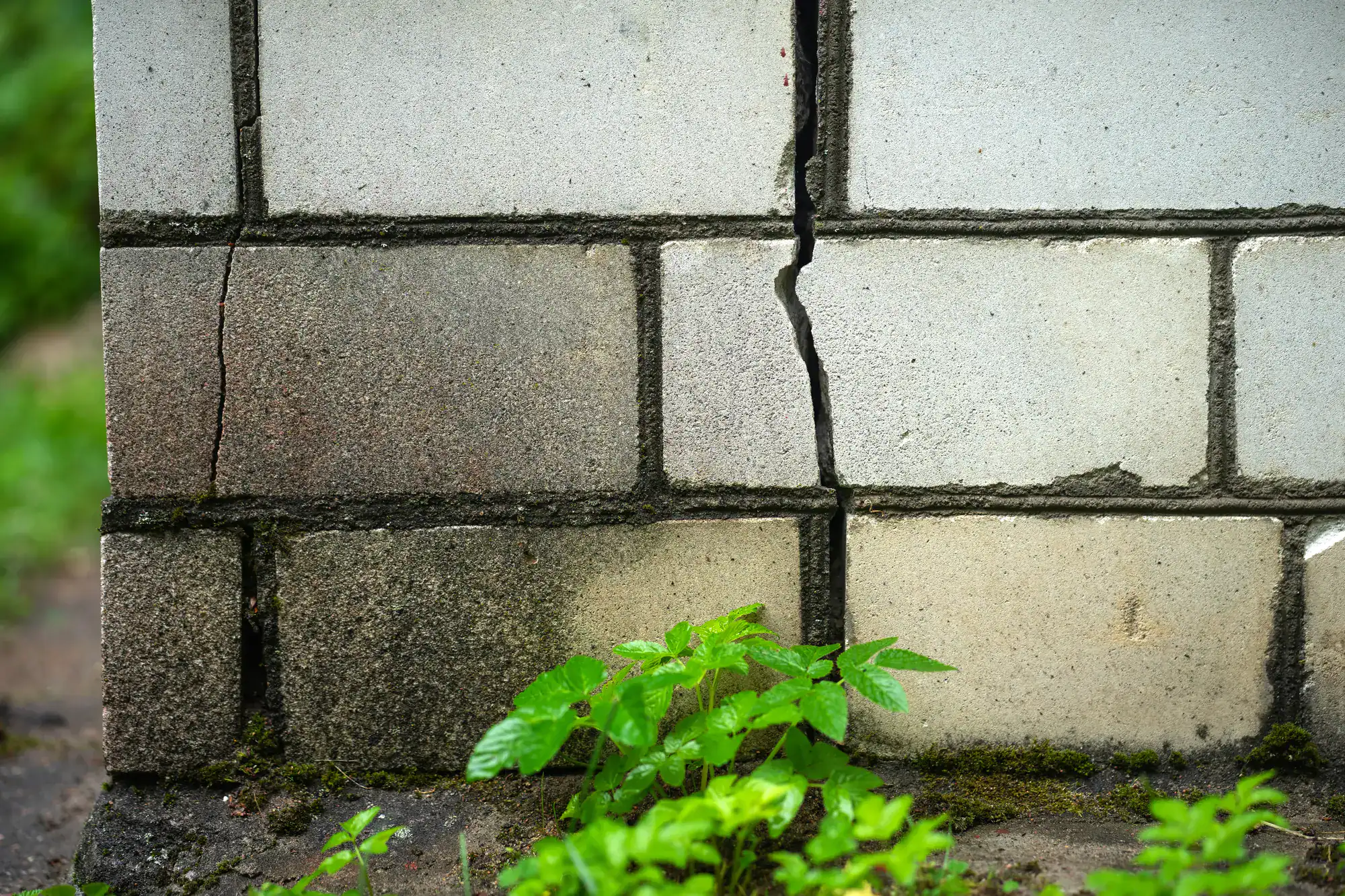 Cracked brick wall with visible mortar damage, overgrown with small plants and greenery, located in Suffolk County, Massachusetts, showcasing a masonry repair project for Academy Masonry.